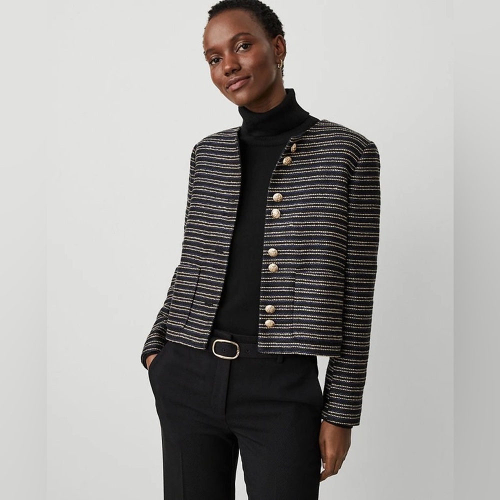 Ann Taylor Petite Tweed Double Button Jacket Black/Blue Multi Size 14 - Picture 1 of 7